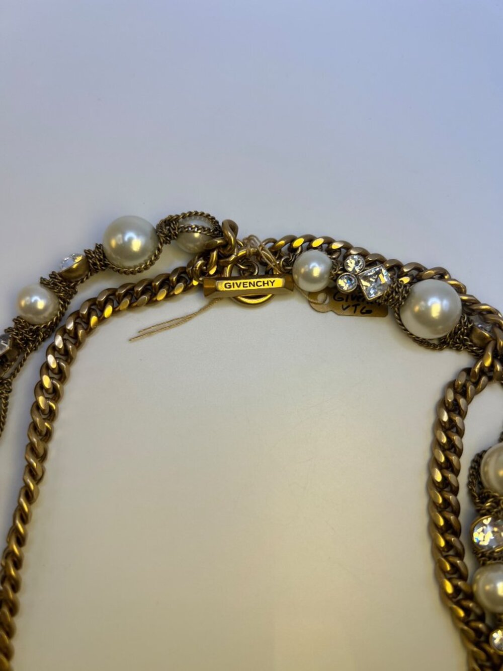 Vintage Signed Givenchy Double-Layer Pearl Crystal Curb-Chain Necklace